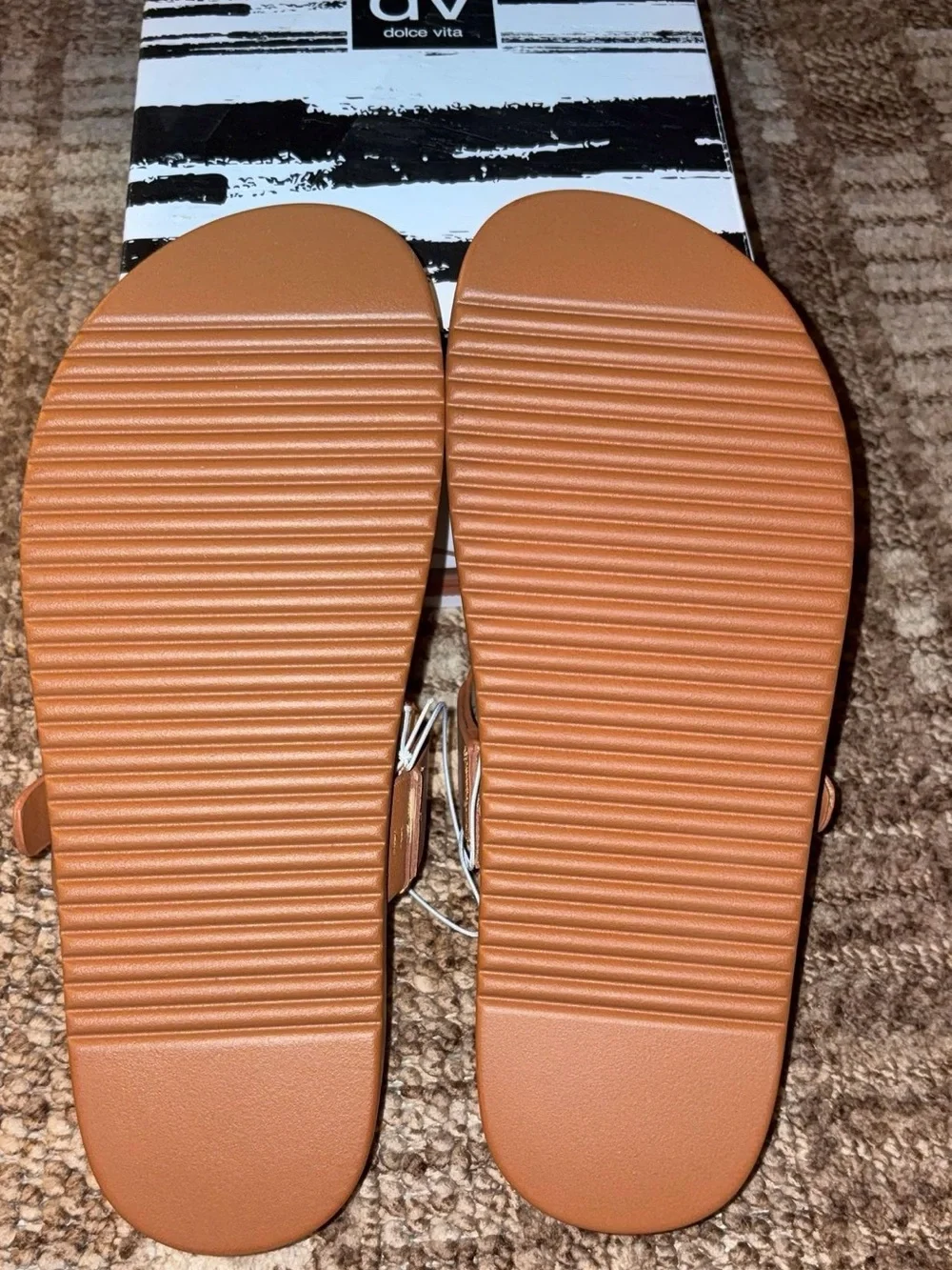 DV Dolce Vita Women's Camel Brown Slide Sandals Gold Buckle Size 9 New with Box